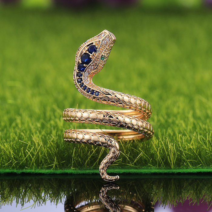 Creative Snake-shaped Inlaid Sapphire Blue Zircon Unisex Copper Ring Jewelry