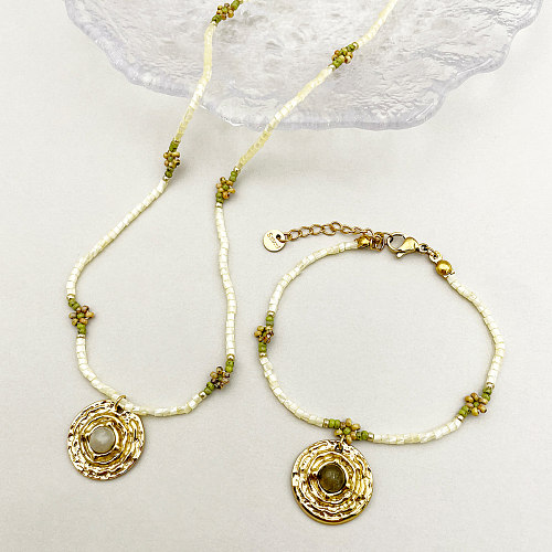 Casual estilo simples flor redonda de aço inoxidável frisado chapeamento incrustação pedra natural banhado a ouro pulseiras colar