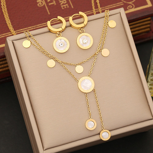 Elegant Round Stainless Steel Inlay Shell Bracelets Earrings Necklace