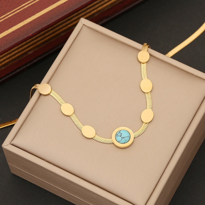 Commute Runde Armbänder, Ohrringe, Halskette mit Edelstahl-Beschichtung und Intarsien-Türkis-Vergoldung