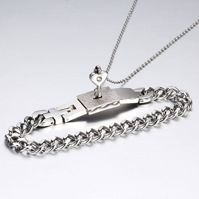 Fashion Creative Couple Lock Titanium Steel Bracelet Necklace Suit