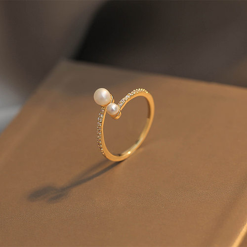 Modern Style Solid Color Copper Plating Inlay Freshwater Pearl Zircon 14K Gold Plated Open Rings