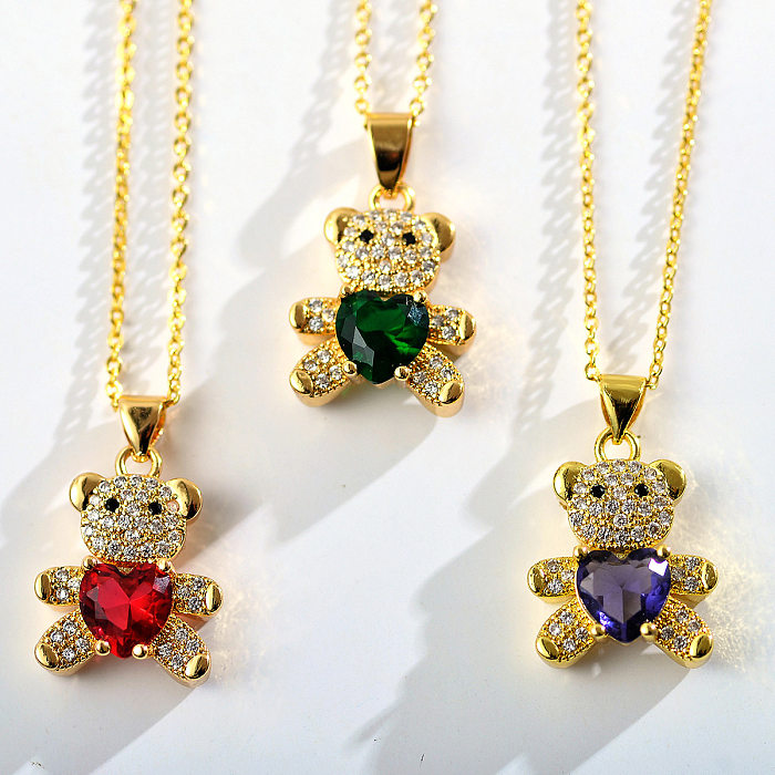 Elegante glänzende kleine Bären-Halskette mit Herzform, Kupfer-Inlay, Zirkon und vergoldetem Anhänger