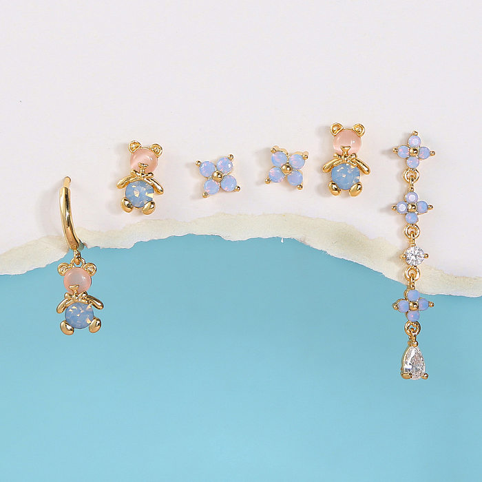 Mode-Bär-Blumen-Messing-Ohrstecker legen künstliche Strass-Kupfer-Ohrringe ein