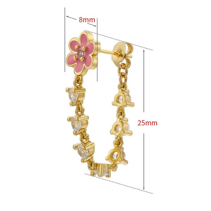 1 Pair Sweet Flower Copper Enamel Plating Inlay Zircon 18K Gold Plated Earrings