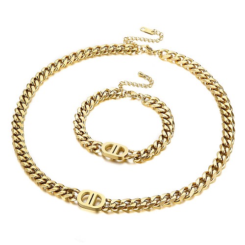 Großhandel Neue Edelstahl Gold Dicke Kette Halskette Armband Set Schmuck