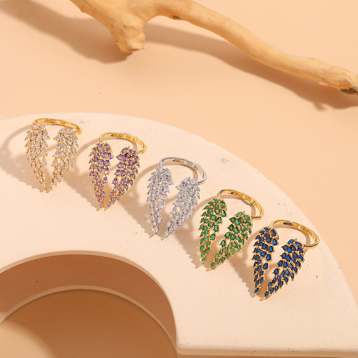 Classic Style Shiny Wings Copper Asymmetrical Plating Inlay Zircon 14K Gold Plated Open Rings