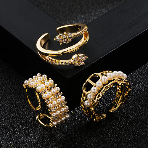 Copper Plated 18K Gold Rice Pearl Opening Adjustable Letter Ring