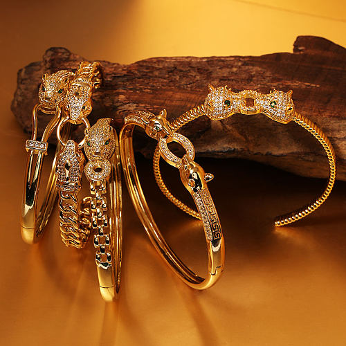 Fashion Leopard Head Copper Inlay Zircon Bangle