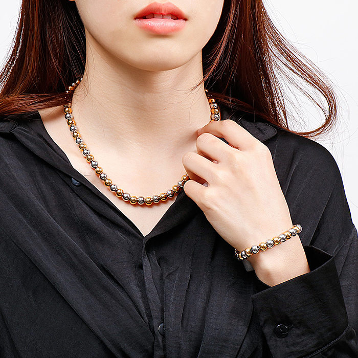 Estilo coreano titânio aço pequenas contas redondas pulseira colar conjunto jóias por atacado