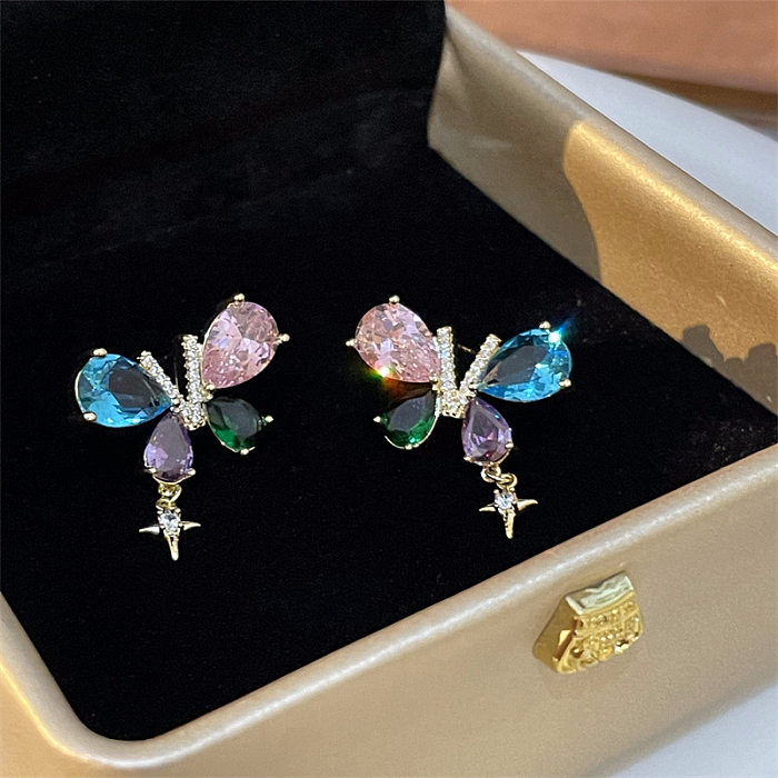 1 Pair Sweet Shiny Butterfly Plating Inlay Copper Crystal Drop Earrings