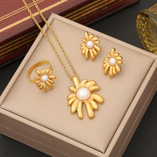 Lady Simple Style Classic Style Flower Stainless Steel Plating Inlay Pearl Rings Earrings Necklace
