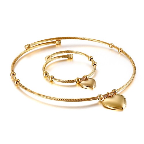 Nova moda aço inoxidável em forma de coração pulseira aberta conjunto de duas peças jóias por atacado
