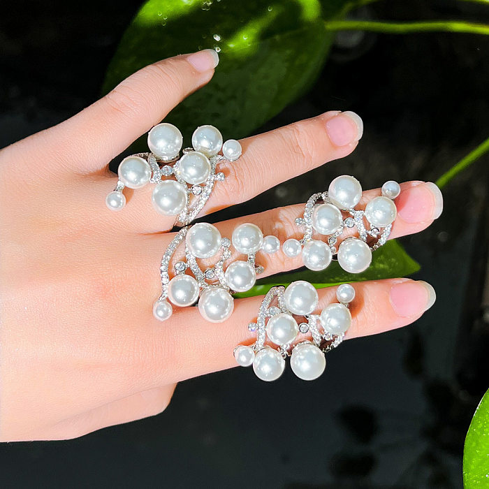 Simple Style Solid Color Copper Plating Inlay Artificial Gemstones Artificial Pearls White Gold Plated Rhodium Plated Open Rings