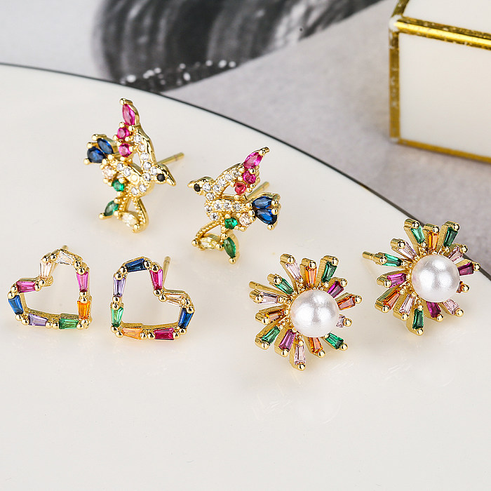 1 Pair Fashion Heart Shape Bird Copper Inlay Zircon Ear Studs