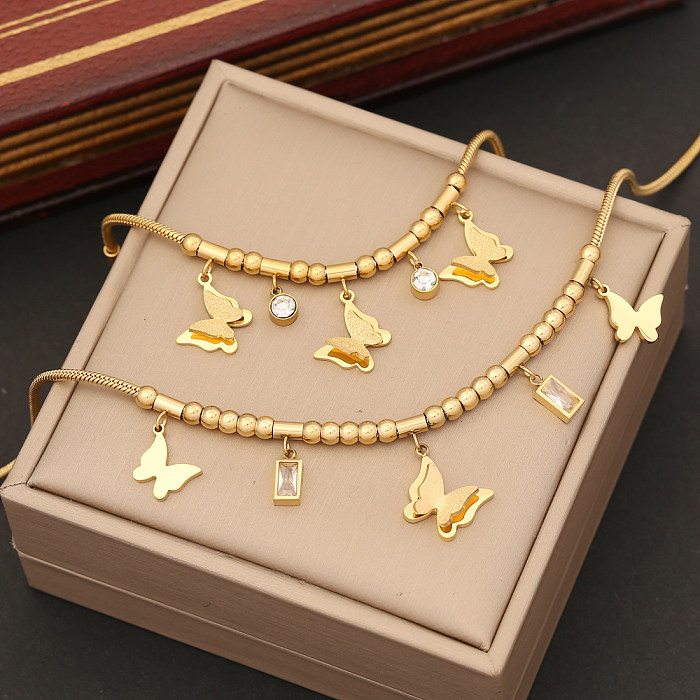 Atacado elegante borboleta de aço inoxidável pulseiras de diamante artificial colar de brincos