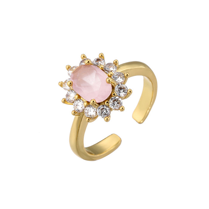Ring mit ovalem Diamant und Zirkon mit Mikroeinlage, bonbonfarbener Edelstein, 18 Karat vergoldeter Ring