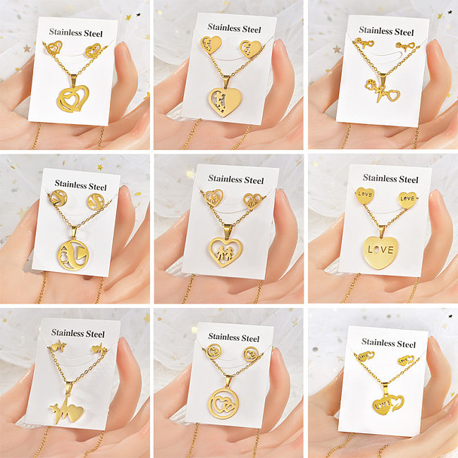 Simple Style Letter Star Heart Shape Titanium Steel Women'S Earrings Necklace 1 Set
