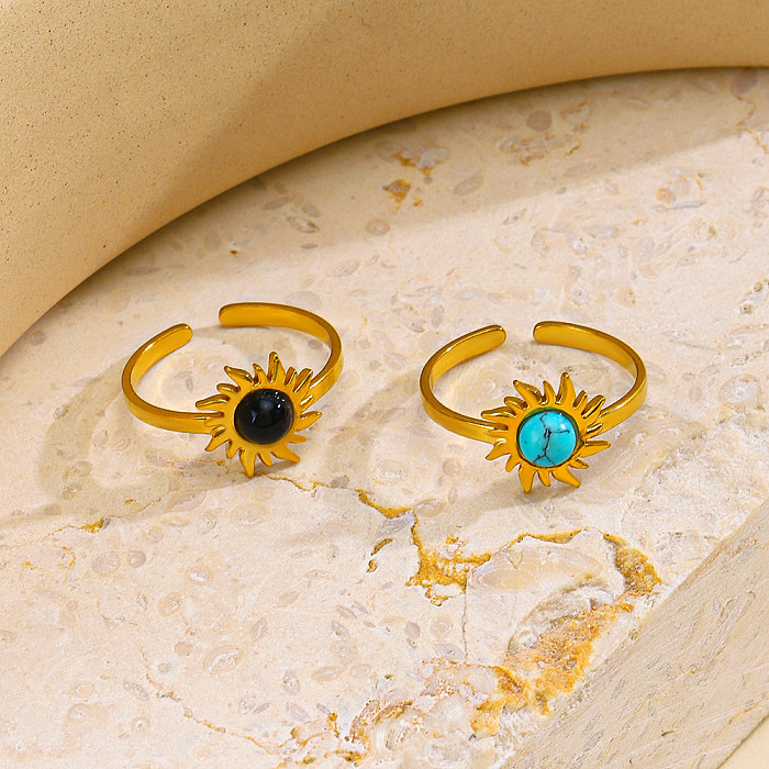 Retro Sun Stainless Steel Plating Inlay Turquoise Obsidian 18K Gold Plated Open Rings