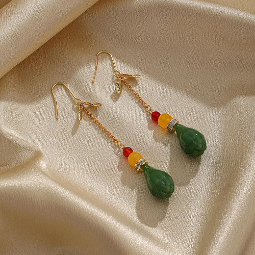 1 paire de boucles d'oreilles en cuivre et Zircon plaqué or 18 carats, style IG, feuilles, gouttelettes d'eau, incrustation de perles
