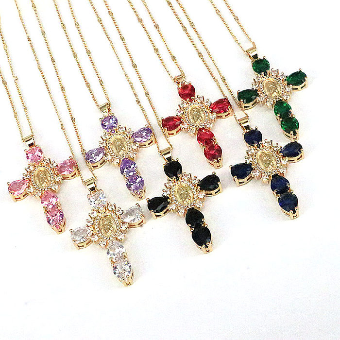 Ethnic Style Cross Copper Gold Plated Inlay Zircon Pendant Necklace 1 Piece
