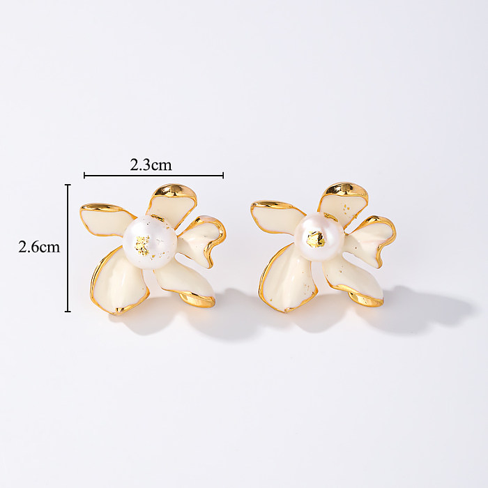 1 Pair Sweet Commute Flower Enamel Plating Inlay Copper Freshwater Pearl Zircon 18K Gold Plated Ear Studs