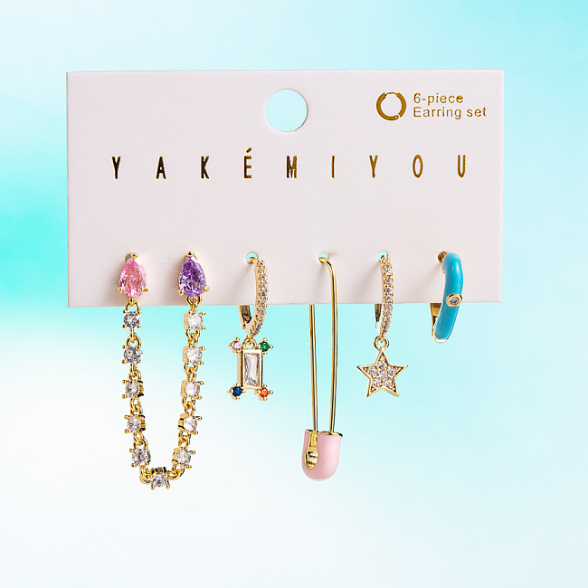 Yakemiyou Sweet Dinosaur Bear Copper Asymmetrical Enamel Zircon 14K Gold Plated Earrings