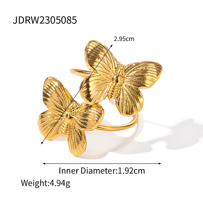 Anéis abertos banhados a ouro 18K de aço inoxidável borboleta retrô elegante