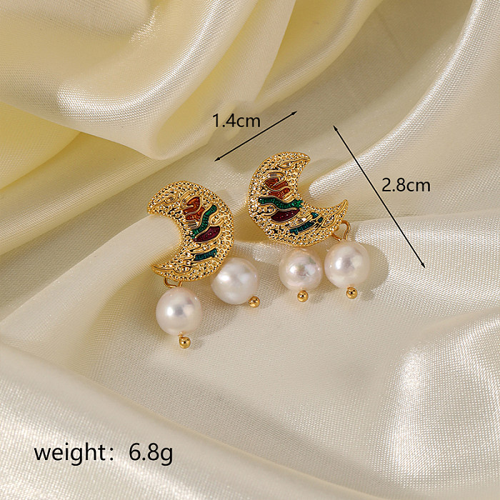 1 Pair Simple Style Moon Plating Inlay Copper Pearl 18K Gold Plated Drop Earrings