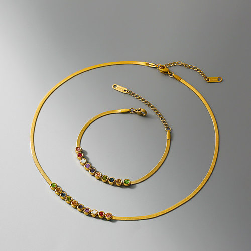 Retro Round Titanium Steel Inlay Rhinestones Bracelets Anklet Necklace