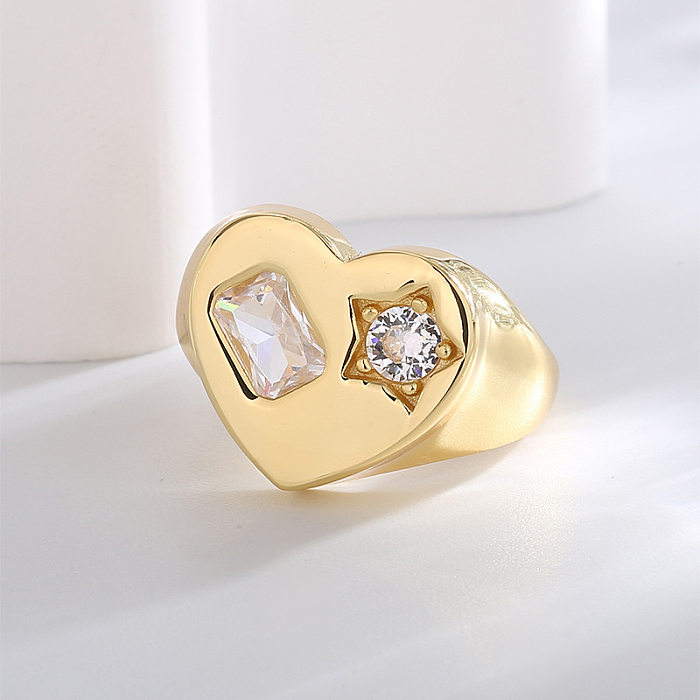 Anéis banhados a ouro do zircão do embutimento do chapeamento de cobre da forma simples do coração do estilo