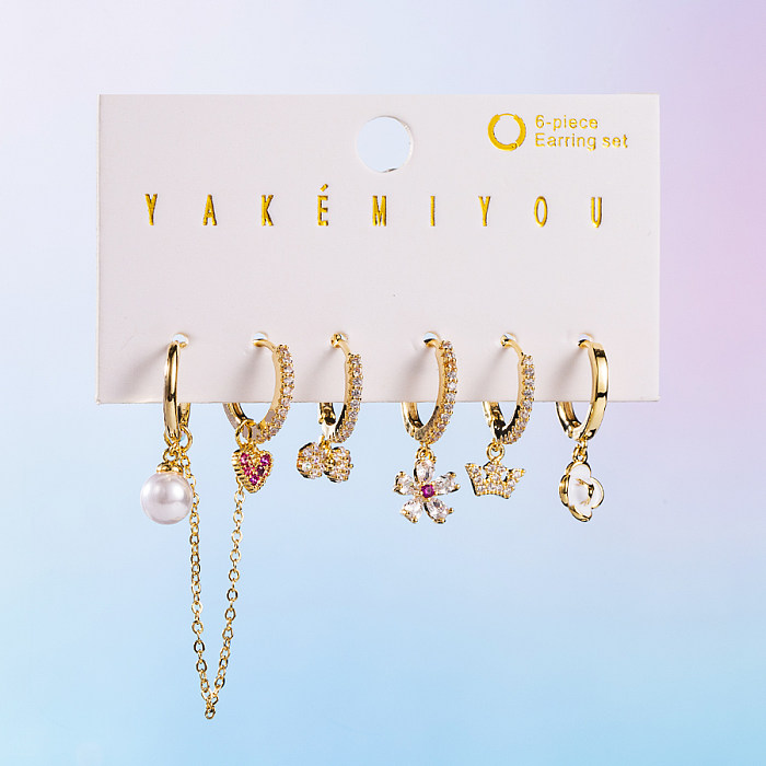 Yakemiyou Heart Shape Arrow Snowflake Imitation Pearl Copper Asymmetrical Chain Zircon 14K Gold Plated Earrings