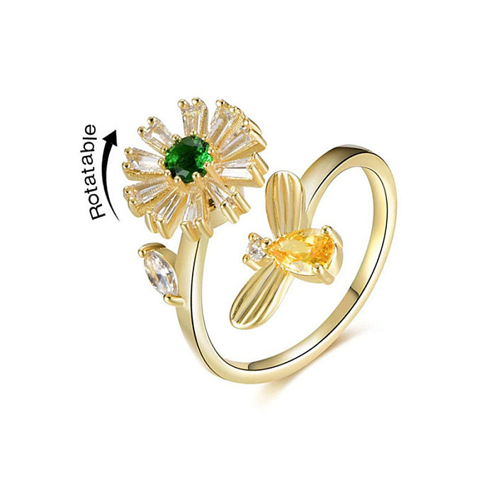 Elegant Lady Simple Style Flower Copper Plating Inlay Zircon Open Rings
