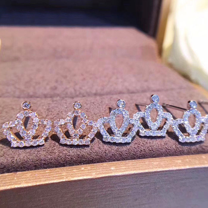 Japanese And Korean New Mini Zircon Crown Copper Earrings Simple
