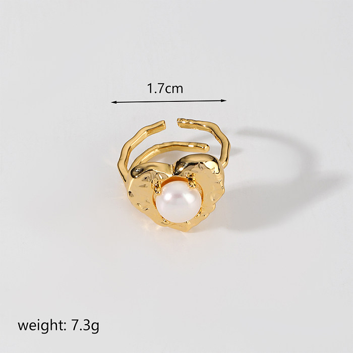Senhora estilo simples comute coração forma cobre chapeamento incrustação pérola 18K anéis abertos banhados a ouro
