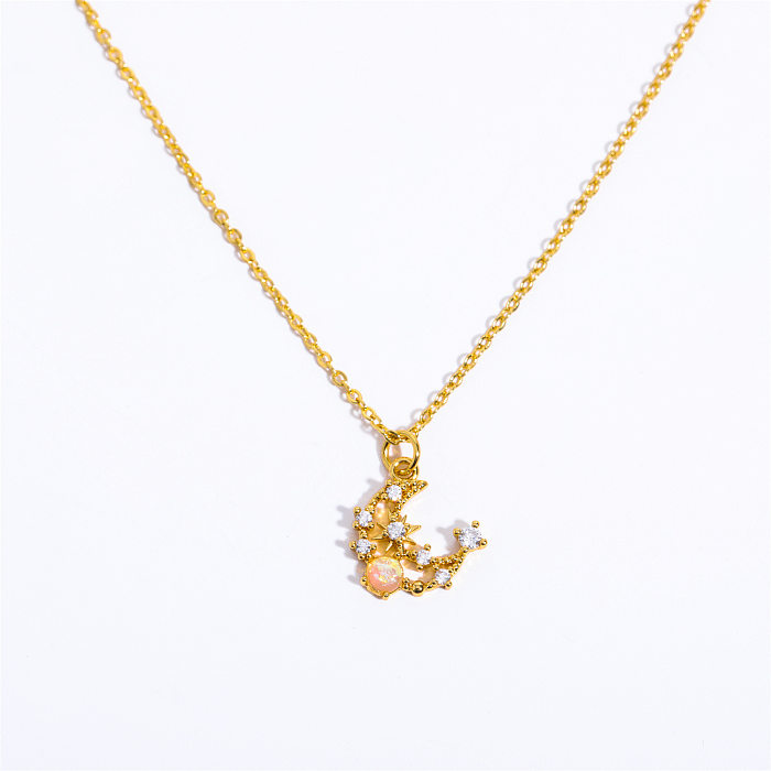 Elegant Sun Star Moon Copper Plating Inlay Opal Zircon 14K Gold Plated Pendant Necklace