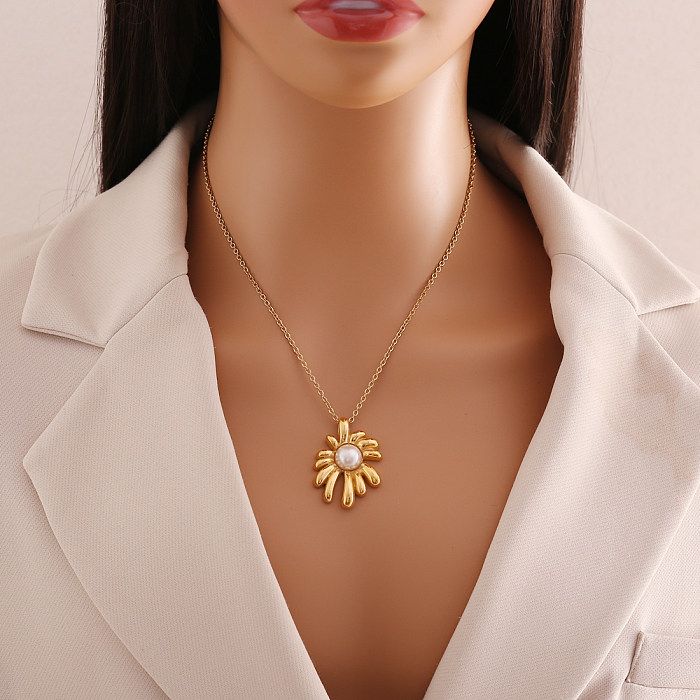 Señora estilo simple estilo clásico flor chapado en acero inoxidable incrustaciones anillos de perlas pendientes collar