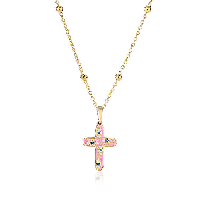 Fashion Cross Devil'S Eye Copper Enamel Plating Inlay Artificial Diamond Pendant Necklace 1 Piece