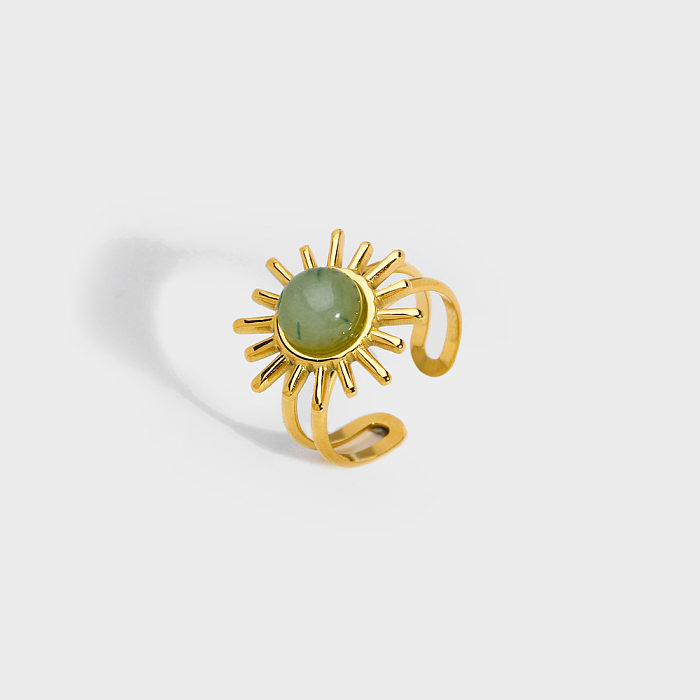 Anéis abertos turquesa com embutimento de aço inoxidável com flor de estilo moderno