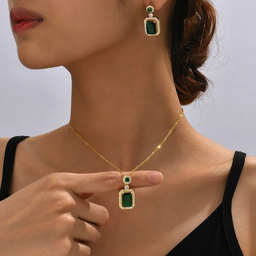 1 ensemble de bijoux pour femmes, carré plaqué cuivre, incrustation de Zircon, à la mode