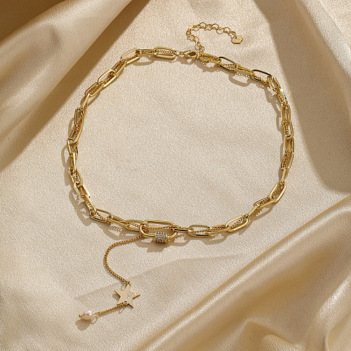 Retro-Pentagramm-Verkupferungs-Inlay mit Süßwasserperle und Zirkon, 18 Karat vergoldete, versilberte Halskette
