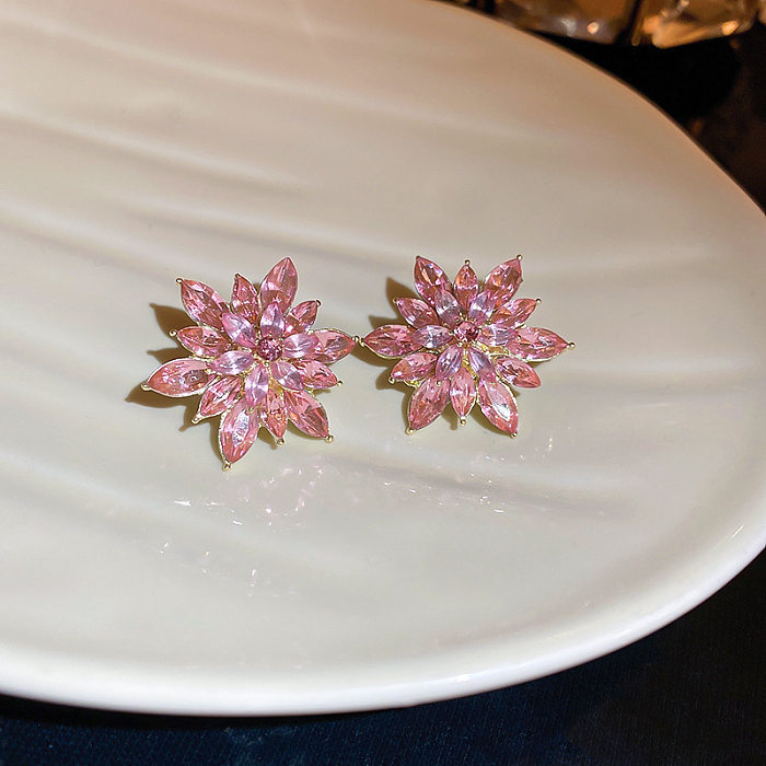 1 Pair Classic Style Flower Copper Inlay Rhinestones Ear Studs