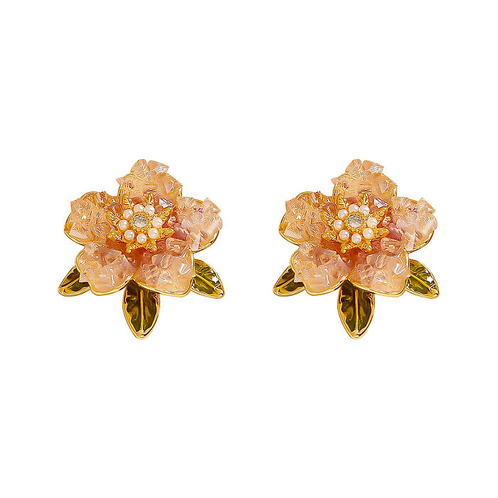 1 paire de clous d'oreilles plaqués or 14 carats, incrustation de placage d'émail de fleur douce, perles artificielles en cuivre et cristal