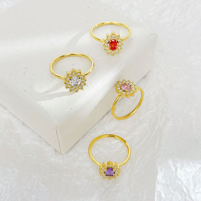Atacado estilo IG flor brilhante chapeamento de aço inoxidável incrustação de anéis de zircão banhados a ouro branco