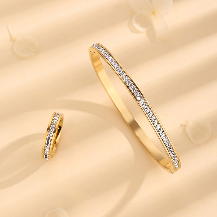 Elegant Solid Color Titanium Steel Plating Inlay Rhinestones 18K Gold Plated Rings Bracelets