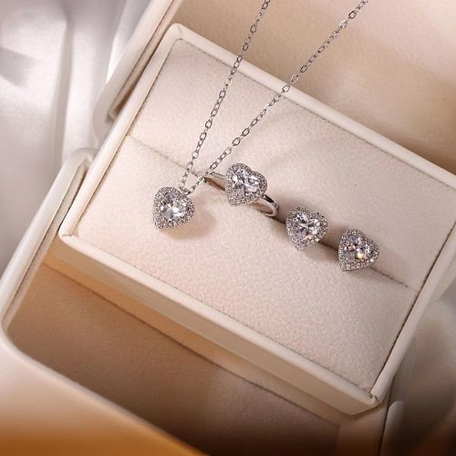 Collar de pendientes de anillos de circonio con incrustaciones de acero de titanio en forma de corazón para mujer