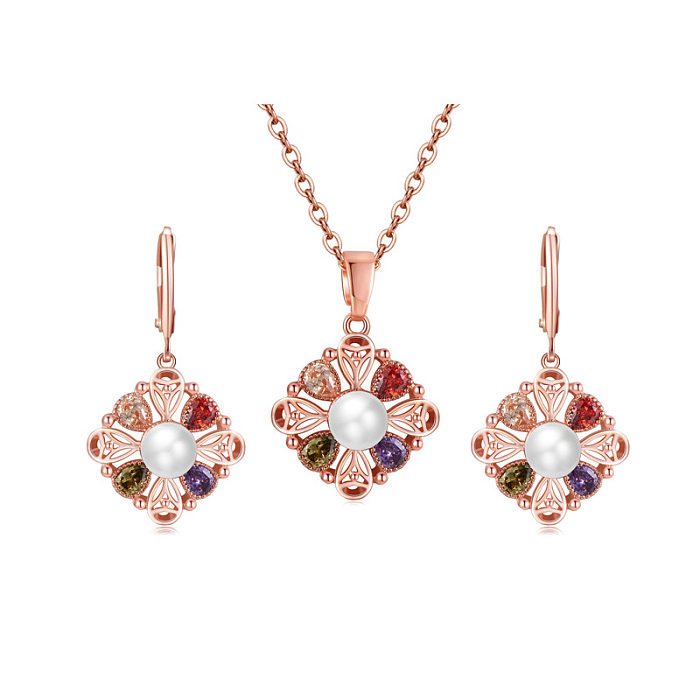 Ensemble de bijoux en zircon et perles avec incrustation de cuivre et de fleurs de style simple