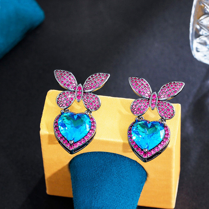 Boucles d'oreilles pendantes en forme de cœur brillant, 1 paire, incrustation de placage papillon en cuivre Zircon plaqué or rhodié