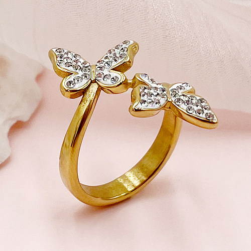 Klassische, romantische, süße Schmetterlings-Edelstahl-vergoldete Zirkon-offene Ringe in großen Mengen