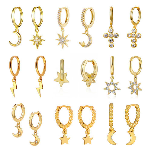 1 paire de boucles d'oreilles de Style moderne, étoile, lune, placage de cuivre, incrustation de pierres précieuses artificielles